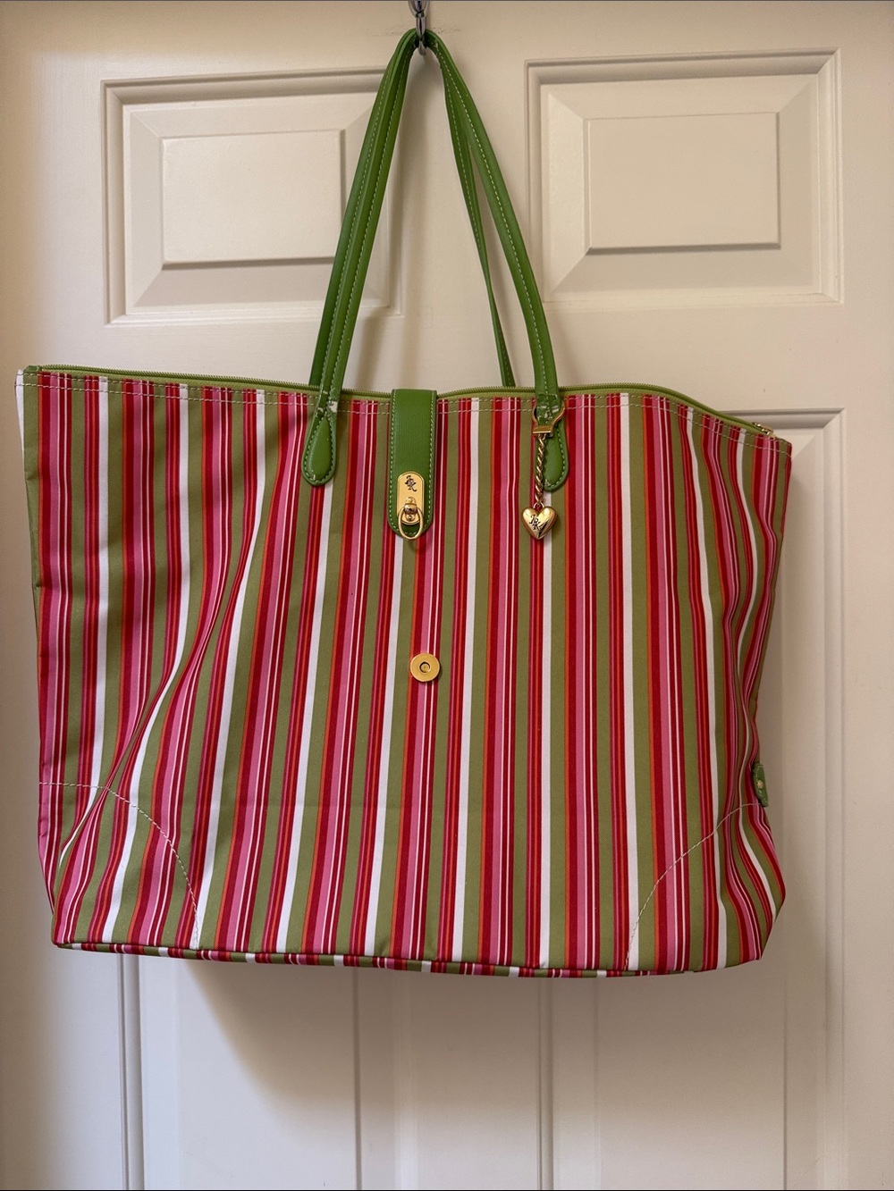 EUC Lovesac Green and Pink Striped Tote Bag whimsical and colorful